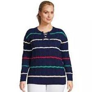 Lands' End Drifter Striped Cable Knit Lace Up Sweater Size L Nautical‎ Classic